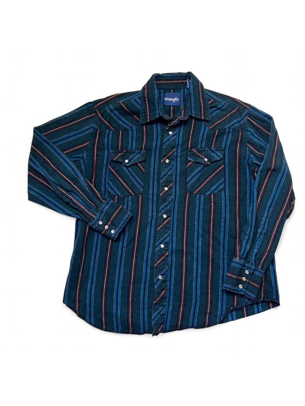 Wrangler Pearl Snap Striped Flannel Blue Cotton Western Button Shirt Large
